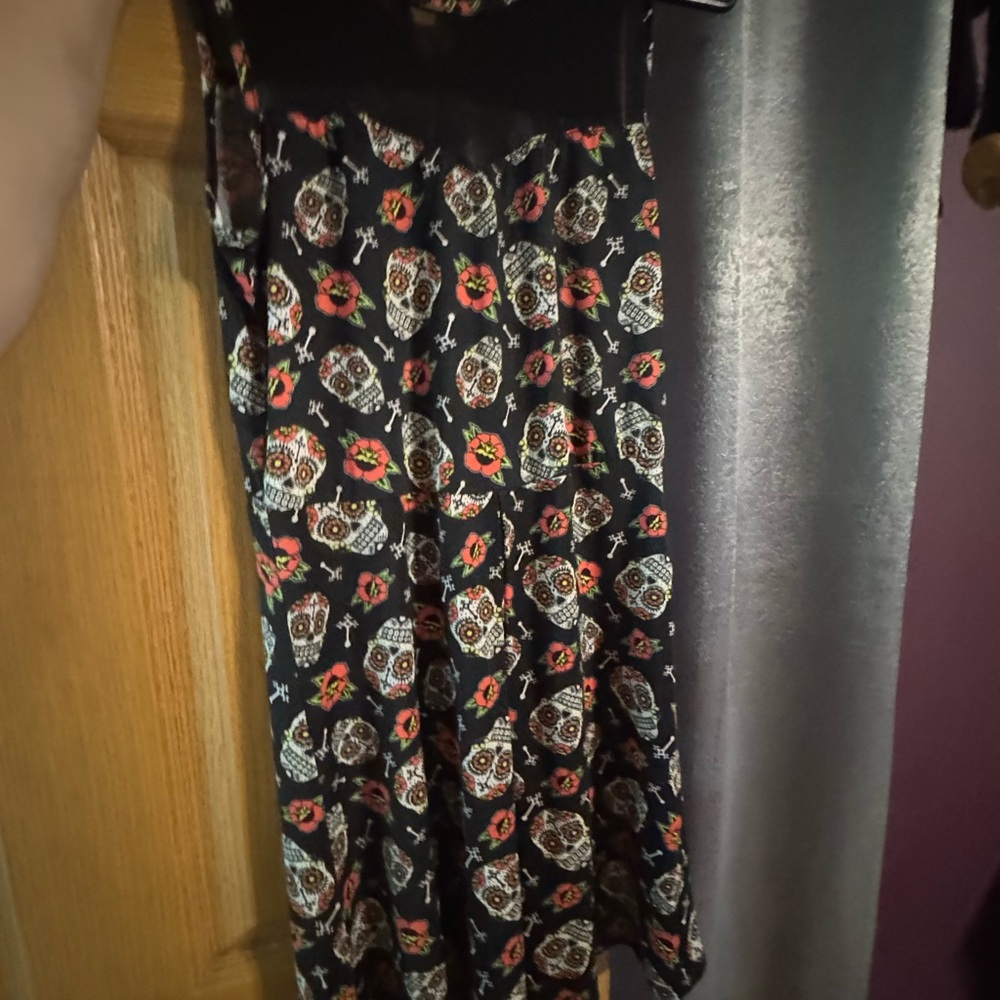 Hot Topic Black Sugar Skull Midi Dress with Red Floral Accents
